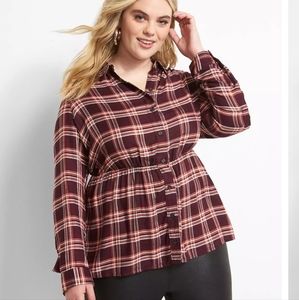 Lane Bryant No-Peek Button-Front Plaid Elastic-Waist Top